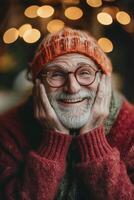 An old man with glasses and a hat smiling photo