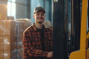 A smiling man is standing in front of a forklift photo