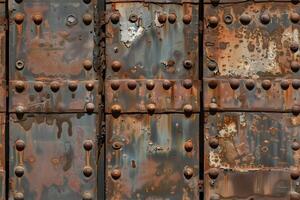 A close up of a rusty metal door with rivets photo