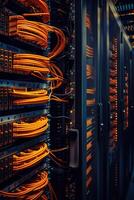 Server racks filled with numerous cables, showcasing a network infrastructure. The vibrant orange cables are neatly organized, highlighting the complexity of data connections in a data center. photo