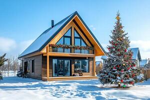 A modern wooden Saltbox style house decorated for Christmas, featuring a large Christmas tree with colorful ornaments in the foreground, surrounded by snow. photo