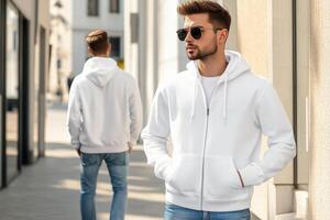 Man in white hoodie walking down the street photo