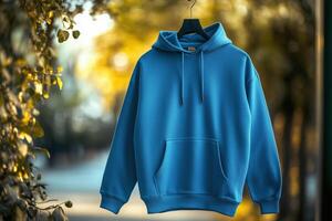 A blue hoodie hanging on a clothesline photo
