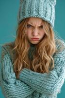 A young girl with long, wavy blonde hair wearing a knitted mint green sweater and a matching beanie. She has a serious expression, with her arms crossed and lips pursed, against a teal background. photo