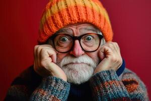 An old man wearing glasses and a knitted hat photo