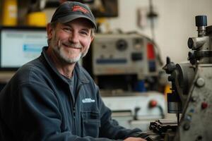 A smiling CNC machine operator man working at a machine in a workshop, wearing a cap and a jacket. The background features various tools and equipment, creating a warm and inviting atmosphere. photo