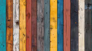 A vibrant and textured wooden wall featuring a variety of colored planks in shades of blue, orange, yellow, gray, and white, creating a rustic and artistic appearance. photo