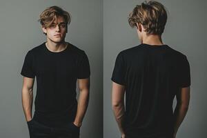 Two images of a man in black t - shirt photo