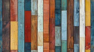 A vibrant and colorful wooden wall made of various planks in different shades and textures, showcasing a rustic and artistic design. photo
