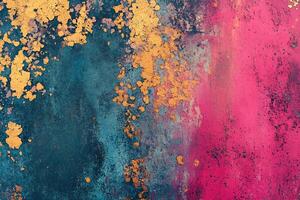 An abstract background featuring a blend of deep blue and vibrant pink hues, with scattered gold leaf accents creating a textured effect. photo