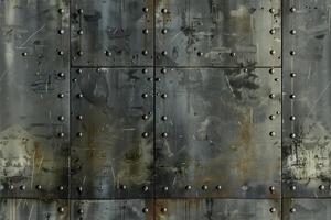Seamless textured metal wall featuring large rivets and a weathered, industrial appearance. The surface shows signs of wear, with scratches and patches of rust, creating a rugged aesthetic. photo