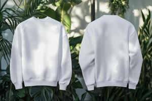 A pair of white sweatshirts mockup back-to-back against a backdrop of lush green plants, showcasing their simple design and relaxed fit. photo