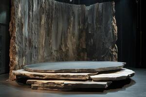 A modern stage for product design featuring layered stone-like structures and a circular platform. The backdrop resembles natural rock formations, creating an earthy and dramatic atmosphere. photo