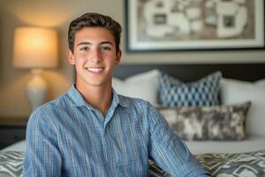 A young man with a friendly smile, wearing a blue checkered shirt, sitting on a bed in a well-decorated room with soft lighting and decorative pillows in the background. photo