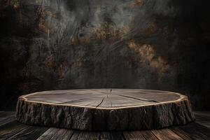 A rustic wooden platform stage for product made from a tree stump, set against a dark, textured background. The surface is smooth and circular, showcasing the natural grain and rings of the wood. photo