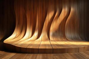 A beautifully designed wooden interior stage for product with flowing curves and soft lighting, creating a warm and inviting atmosphere. The wooden texture adds depth and elegance. photo