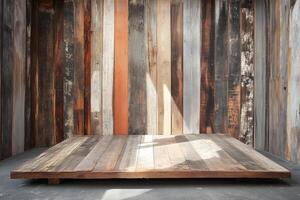 A rustic wooden stage for product or platform set against a backdrop of colorful wooden planks. The planks vary in color and texture, creating a warm, inviting atmosphere. photo