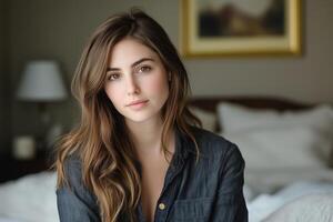 A young woman with long, wavy hair, wearing a dark shirt, sitting on a bed in a softly lit room. She has a natural, serene expression, with a blurred background featuring soft bedding and a painting. photo