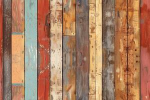 A textured wooden panel wall featuring a variety of colored planks, including red, blue, brown, and natural wood tones, showcasing rustic charm and diversity in wood grain. photo