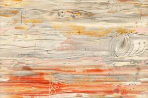 A textured wooden surface with a blend of soft colors including beige, orange, and light gray. The wood grain is visible, creating an artistic and abstract appearance. photo