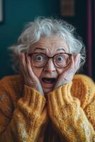 An old woman with glasses and a yellow sweater is surprised photo