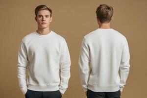Two men in white sweatshirts mock up on brown background photo
