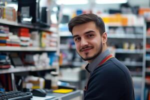 A man in a store is smiling while standing in front of a computer photo
