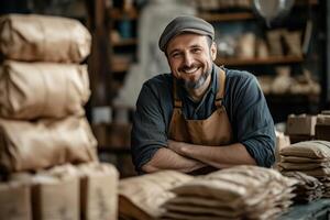 A smiling man in an apron sitting at a table with bags of coffee photo