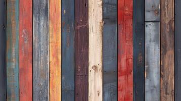 A textured wooden wall featuring a variety of colors including red, blue, beige, and brown. The planks are arranged vertically, showcasing natural wood grain and weathered finishes. photo