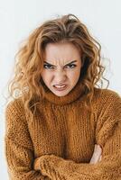 A young woman with curly hair wearing a cozy, oversized brown sweater, displaying an angry expression with her arms crossed. photo