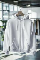 White hoodie on a hanger in an office photo