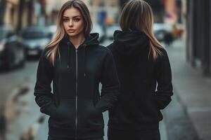 Two women wearing black hoodies in the city photo