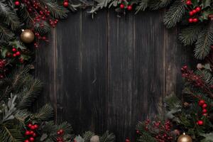 A dark wooden background framed with festive greenery, including pine branches, red berries, and gold ornaments, creating a seasonal holiday atmosphere. Christmas texture background. photo