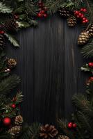 A festive arrangement of pine branches, holly leaves, red berries, and pine cones on a dark wooden background, creating a seasonal border. Christmas texture background. photo