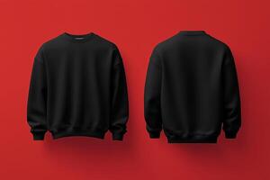 A black sweatshirt mockup on a red background, showcasing both front and back views. photo