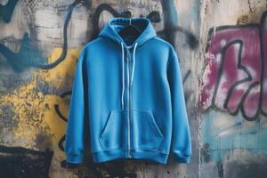 Blue hoodie on a wall with graffiti photo