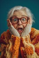 An old woman with glasses and a sweater is surprised photo