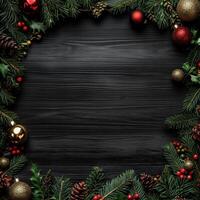 A festive Christmas frame made of pine branches, pine cones, and colorful ornaments on a dark wooden background, perfect for holiday greetings or invitations. Christmas texture background. photo