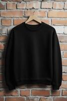 A plain black sweatshirt mockup hanging on a wooden hanger against a rustic brick wall background. photo