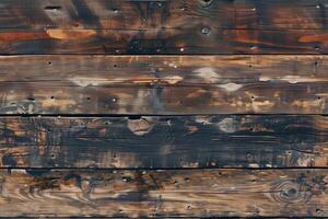 Weathered rustic wooden planks with a dark, charred appearance. The texture shows deep grooves and varying shades of brown and black, suggesting age and exposure to elements. photo