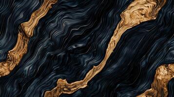 An abstract background featuring swirling patterns of dark blue and black with golden accents. The design resembles fluid art, showcasing a blend of colors and textures. photo