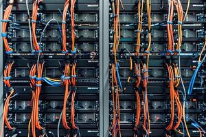 Server rack filled with multiple servers and colorful cables. The image showcases the intricate wiring and organization of the server components, emphasizing technology and data management. photo