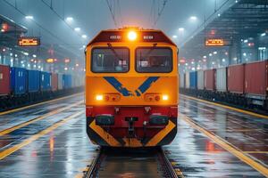 A brightly lit train in a modern railway station with wet tracks and cargo containers. photo