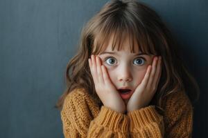 A little girl with big eyes and a shocked expression photo