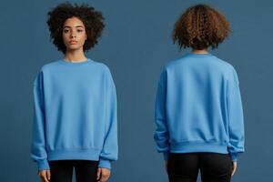 A woman with curly hair wearing a blue color sweatshirt mockup, shown from front and back views against a blue background. photo