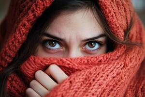 A woman is covered in a red knitted scarf photo