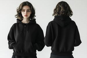 Two women wearing black hoodies with the hood up photo