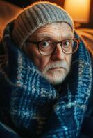 An old man with glasses and a hat wrapped in a blanket photo