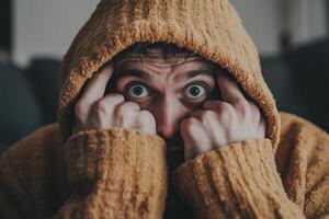 A man in a yellow sweater covering his face with his hands photo