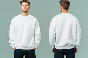 Two men in white sweatshirts, one on left and one on right photo